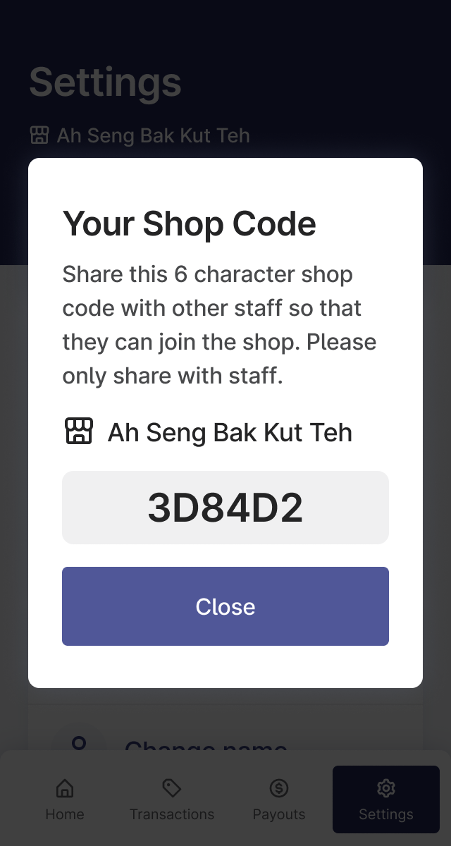 Sample Shop Code Display