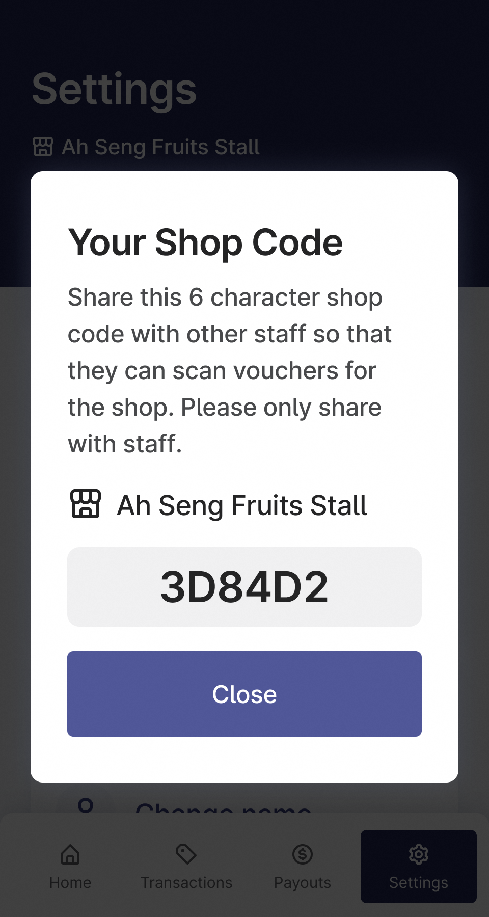 Shop code screen