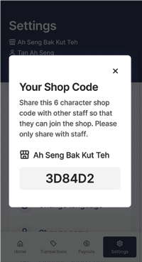 Shop code screen